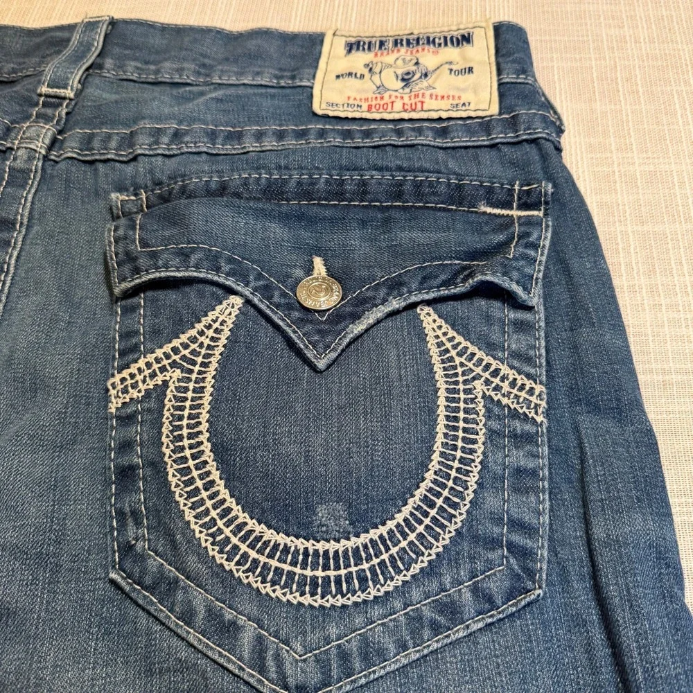 True Religion Mens Section Boot Cut Jeans 38 Blue Thick Stitch Made in USA
